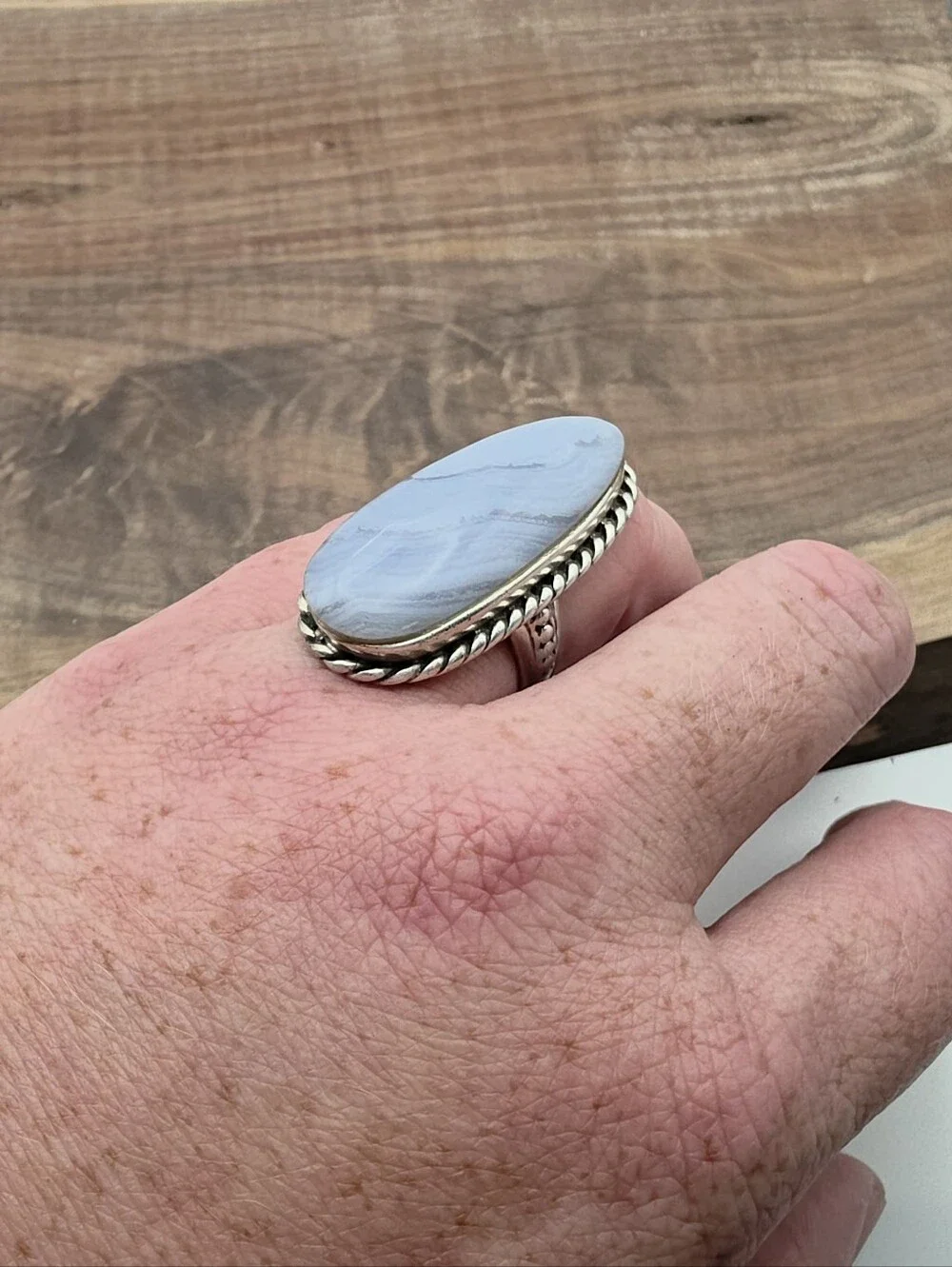 Vintage 925 Sterling Silver Blue Lace Agate Statement Ring HUGE Southwestern 8